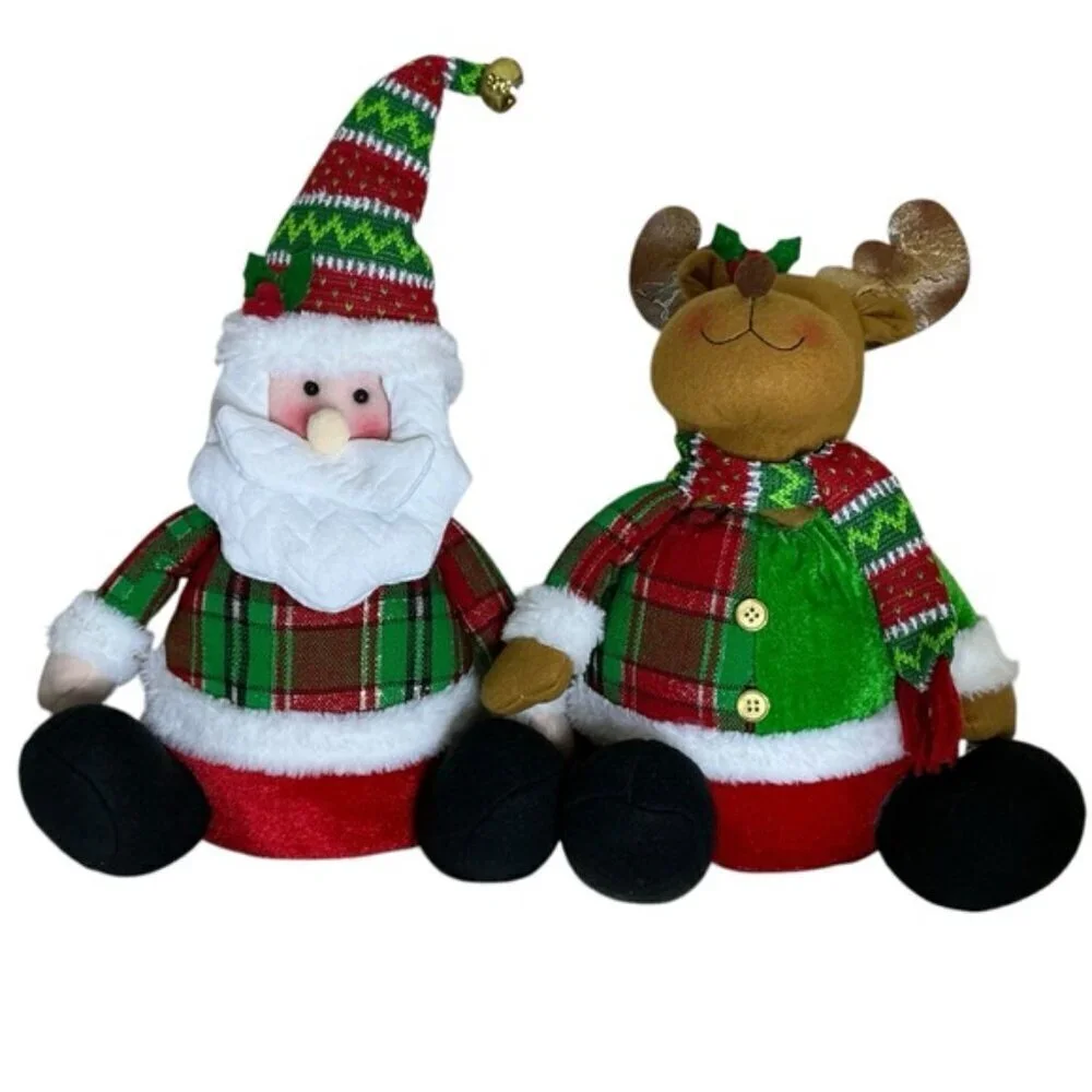 Santa and Reindeer Plush Gnomes Shelf Sitter Christmas Holiday Set Tartan Plaid